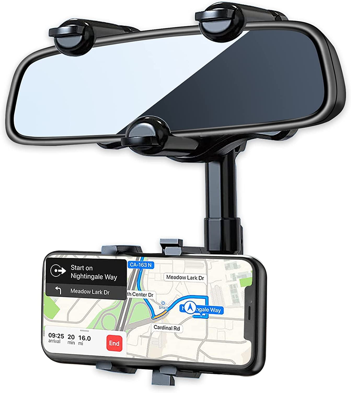 Rearview Mirror Phone Holder for Car, Pkyaa 360A Rotating Rear View Mirror Phone Mount with Adjustable Arm Length, Multifunctional Phone and GPS