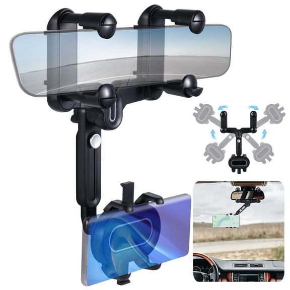 Rearview Mirror Phone Holder, Universal Rear View Mirror Phone Cradle for Car, 360 Rotatable and Retractable Phone Car Mount, Fits All Cell Phone