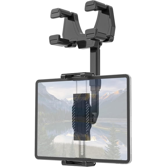 Rearview Mirror Tablet Holder for Car, [Rear View Mirror 4 Claws Design] 360 Rotatable and Retractable, Fit Thick Cases [Deep Max 1.18"] for iPad Pro Air Mini, Galaxy Tab, iPhone, 6-15.6" Devices