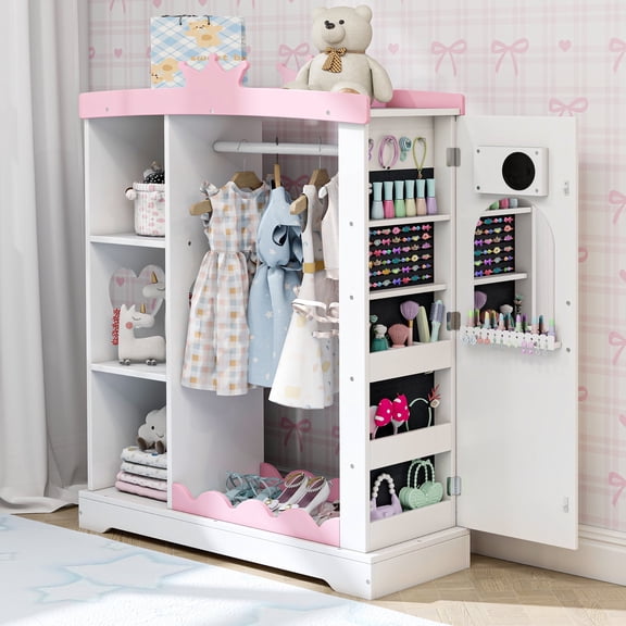 Rease Kids Armoire with Mirror, Dress up Storage for Children Costume, Wardrobe Closet with Jewelry Cabinet for Bedroom, Kids Room, Girl, White