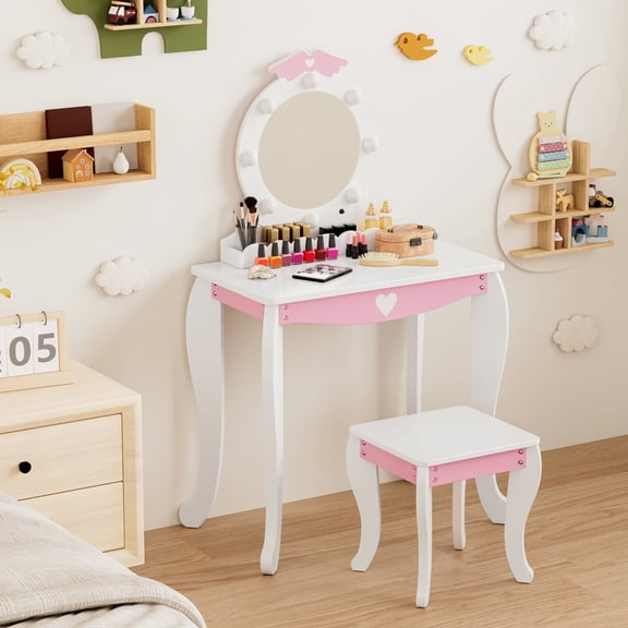 Rease Kids Makeup Vanity Set with Mirror and Lights, Girls Makeup Vanity Desk with Stool & Storage & Wing Pattern, Princess Makeup Dressing Table and Chair Set for Toddlers, White