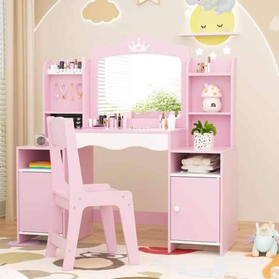 Reasea Kids Vanity, Girl Vanity Set with Mirror and Stool, 2 in 1 Toddler Makeup Vanity Table with Jewelry Storage（pink）