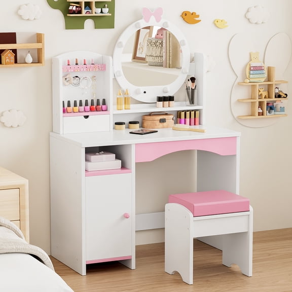 Reasea Kids Vanity Table, Girls Vanity Set, Princess Makeup Vanity Desk & Chair Set, White