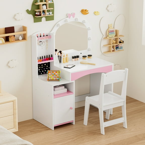 Rease Kids Vanity Table with Mirror, 2 in 1 Girls Vanity Set with Jewelry Storage, Princess Makeup Vanity Desk & Chair Set, Wooden Pretend Playset, White