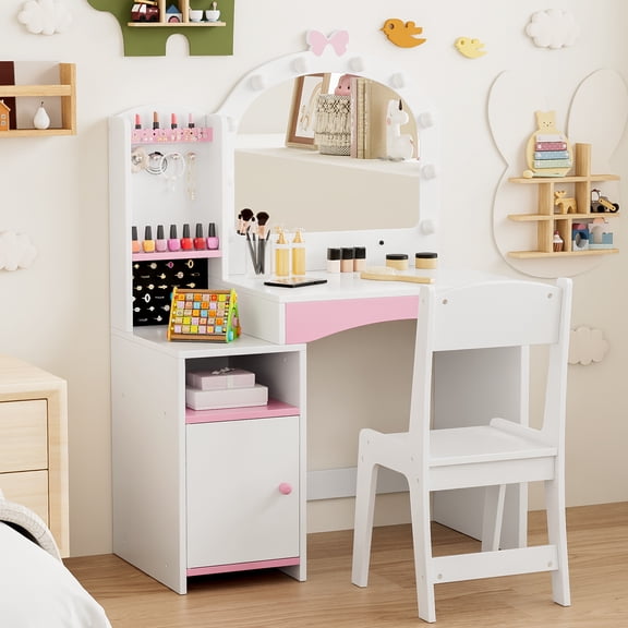 Reasea Kids Vanity Table with Mirror, 2 in 1 Girls Vanity Set with Jewelry Storage, Princess Makeup Vanity Desk & Chair Set, Wooden Pretend Playset, White