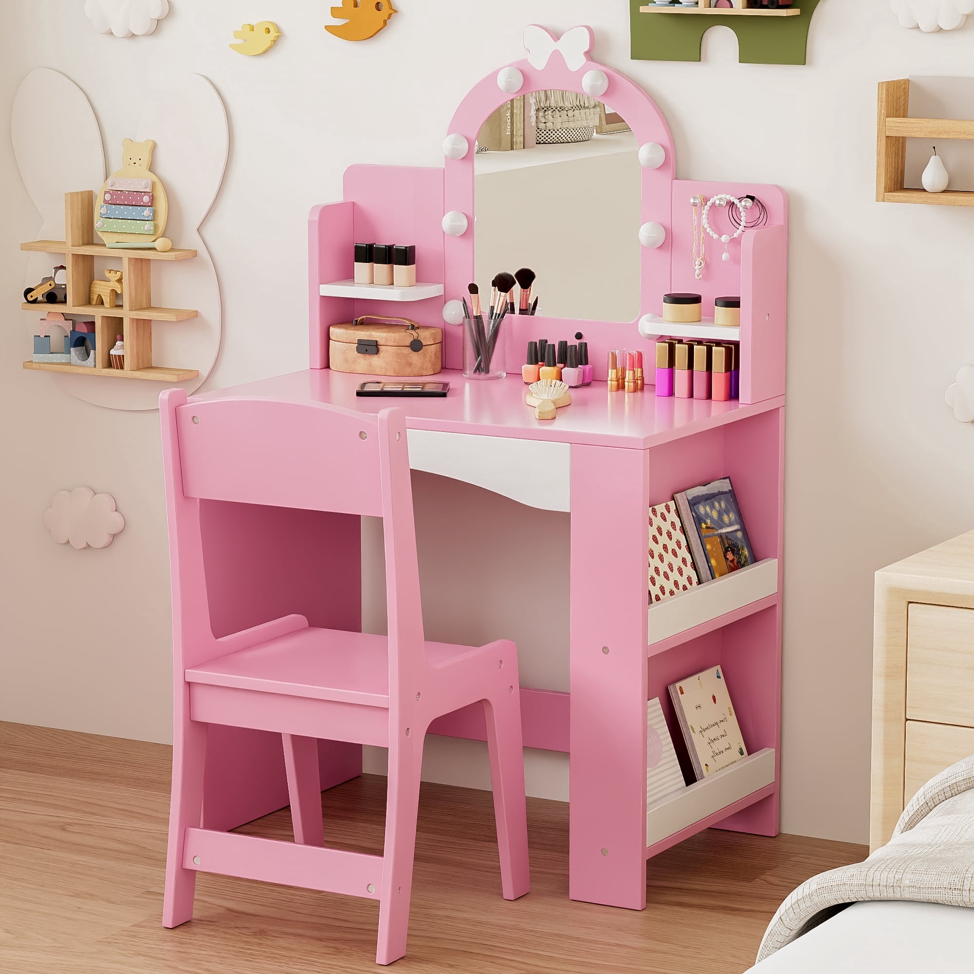 Reasea Kids LED Lights Vanity Table Set,Kids Vanity Table and Chair Set,Pink