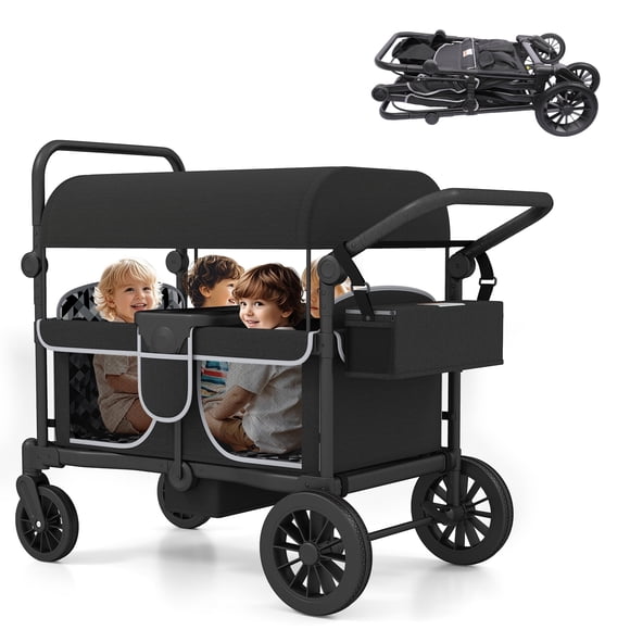 Reasea 4-Seater Foldable Stroller Wagon for Kids, with Canopy, Adjustable Handlebar, 5-Point Safety Harness, Removable Snack Tray & Carry Bag - Black
