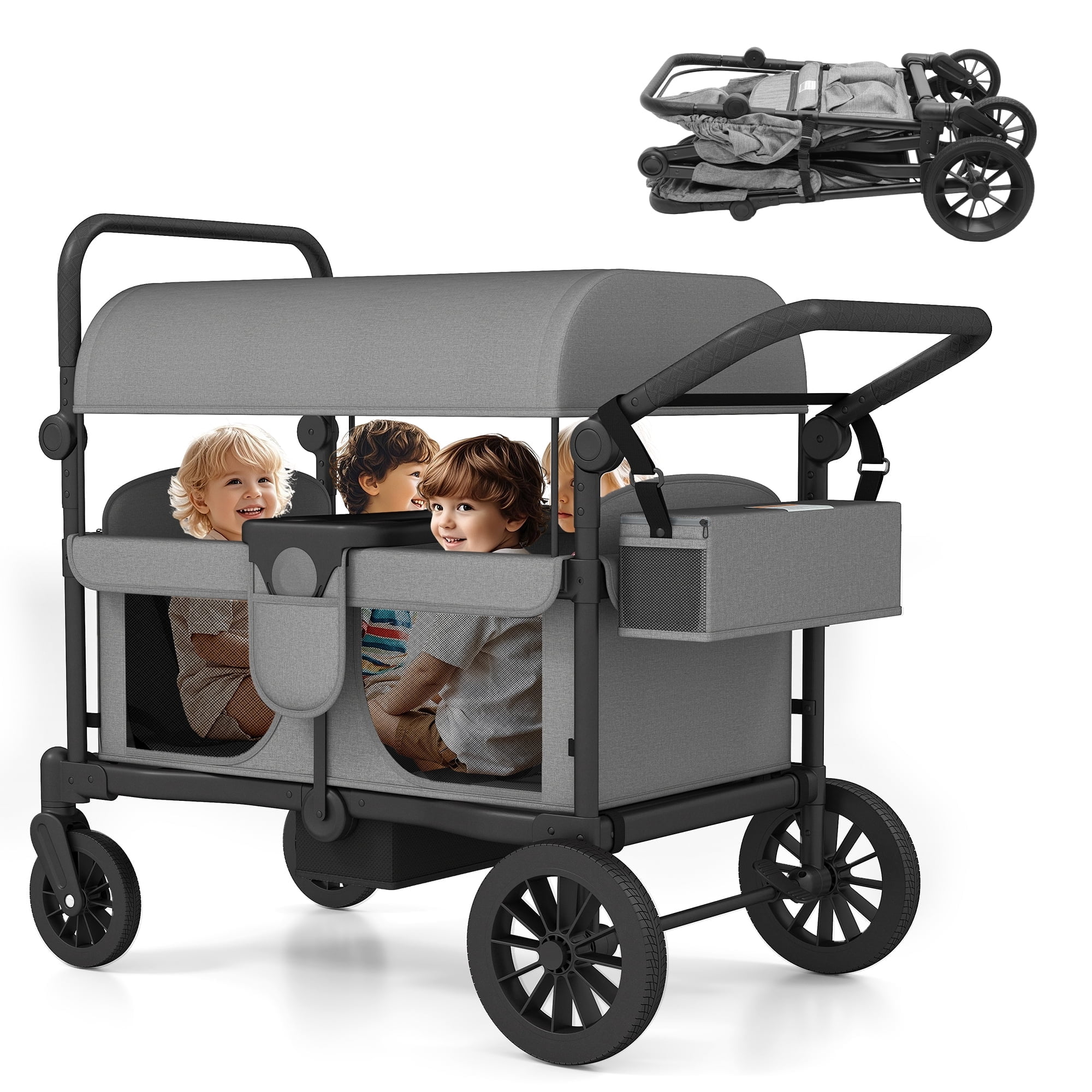 Reasea 4-Seater Foldable Stroller Wagon for 4 Kids, with Canopy, Adjustable Handlebar, 5-Point Safety Harness, Removable Snack Tray & Carry Bag - Gray