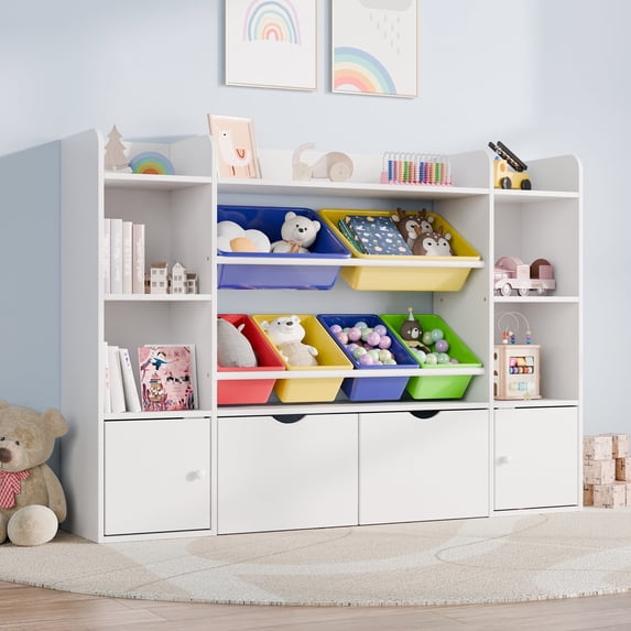 Reasea 6-Bin Toy Storage Organizer for Kids – 4-Tier Bookshelf with 6 Removable Cubbies & 2 Movable Drawers, Kids Toy Shelf for Playroom, Bedroom, Multicolor