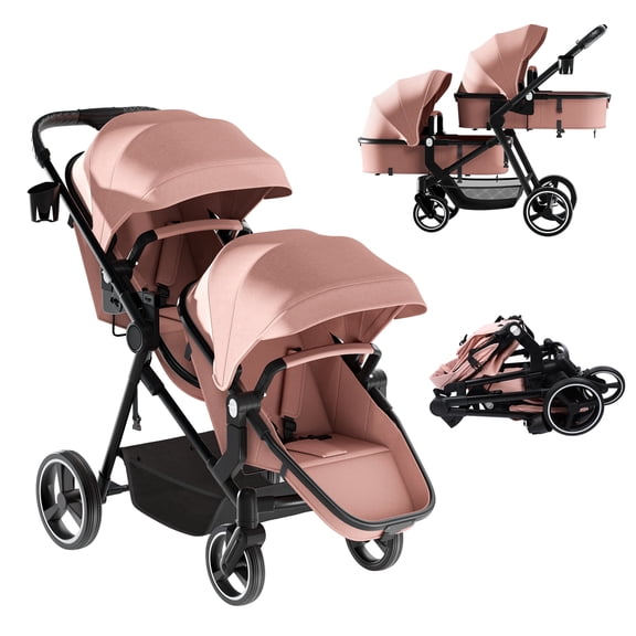 Reasea Foldable Double Stroller, Convertible Twin Stroller with Cup Holder, Double Infant Stroller for Newborn and Toddler, Pink