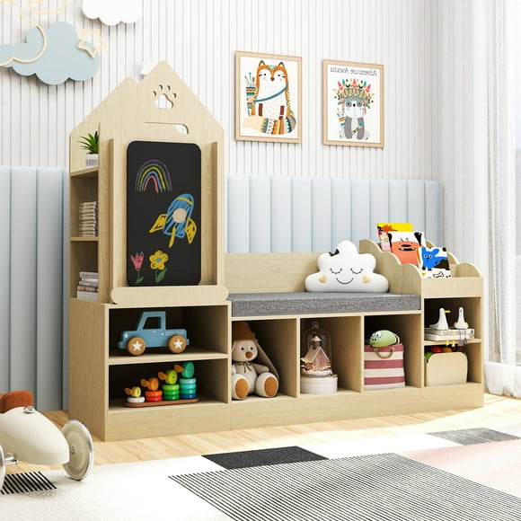 Reasea Kids Bookshelf with Reading Corner, Wooden Toy Organizer with Bench and Chalkboard, Toddler Toy Storage for Bedroom, Nursery, or Playroom, Natural Oak Finish