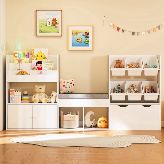 Reasea Kids Bookshelf with Reading Nook & Storage Bench, 73 Inch Toy Organizer with Movable Drawer & 6 Removable Bins, Montessori Reading Corner Furniture for Playroom & Bedroom