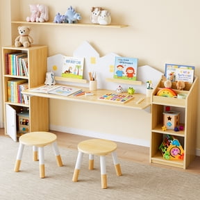 Reasea Kids Desk with Bookshelves & 2 Stools, Wooden Study Table Set with 5 Storage Cabinets, Children Writing & Drawing Table