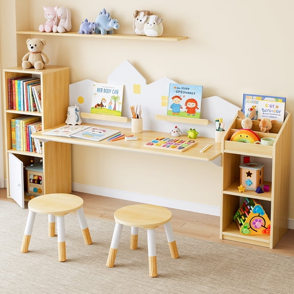 Reasea Kids Desk with Bookshelves & 2 Stools, Wooden Study Table Set with 5 Storage Cabinets, Children Writing & Drawing Table