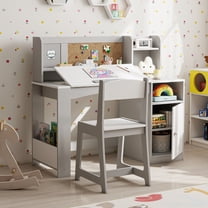 Reasea Kids Study Desk and Chair Set with Tiltable Desktop, Hutch & Storage - Wooden Writing Table for Ages 5-12, Grey