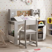 Reasea Kids Study Desk and Chair Set with Tiltable Desktop, Hutch & Storage - Wooden Writing Table for Ages 5-12, Grey