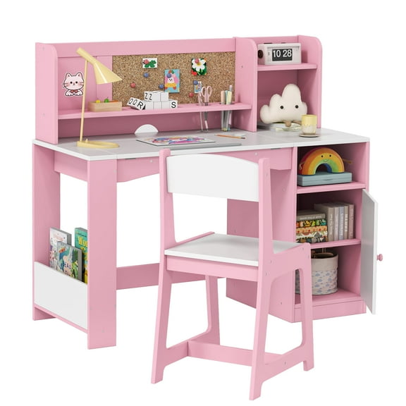 Reasea Kids Study Desk and Chair Set with Tiltable Desktop, Hutch & Storage - Wooden Writing Table for Ages 5-12, Pink