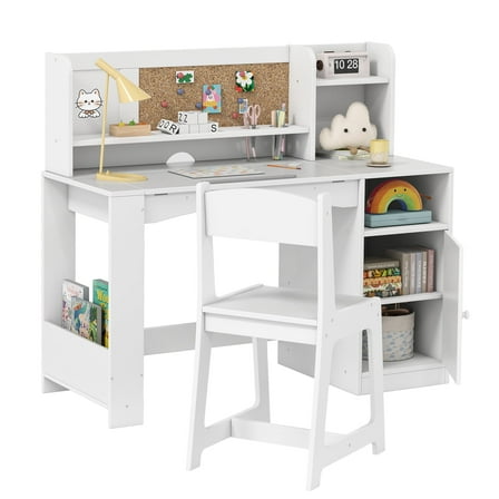 Reasea Kids Study Desk and Chair Set with Tiltable Desktop, Hutch & Storage - Wooden Writing Table for Ages 5-12,White