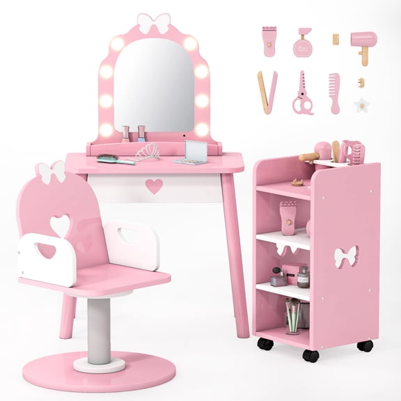 Reasea Kids Vanity Set with Lighted Mirror & Barber Chair,with Storage Shelf and Hair Salon Play Set 7 pcs Accessories, Pretend Play Vanity Set for Toddler Girls