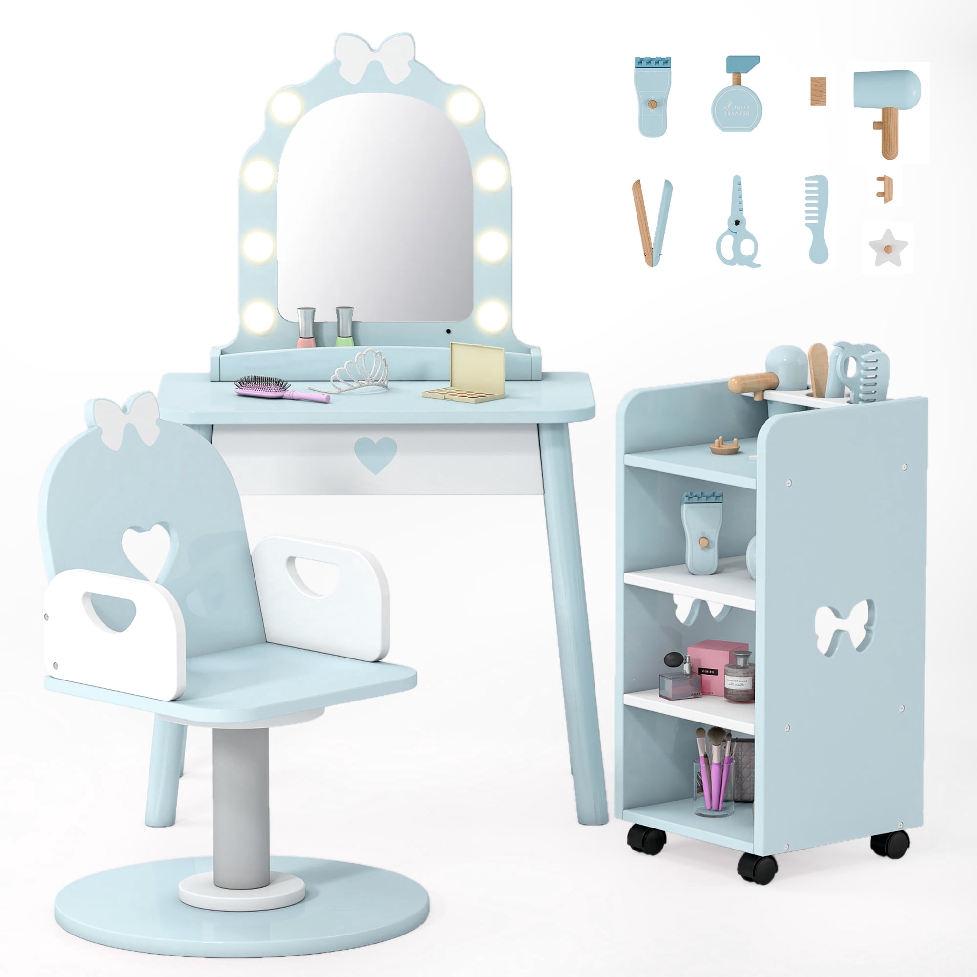 Reasea Kids Vanity Set with Light & Barber Chair, Pretend Play Makeup Dressing Table with Storage Shelf, 7 Pcs Hair Salon Accessories