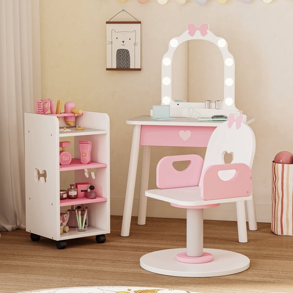 Reasea Kids Vanity Set with Light & Barber Chair, Pretend Play Makeup Dressing Table with Storage Shelf, 7 Pcs Hair Salon Accessories