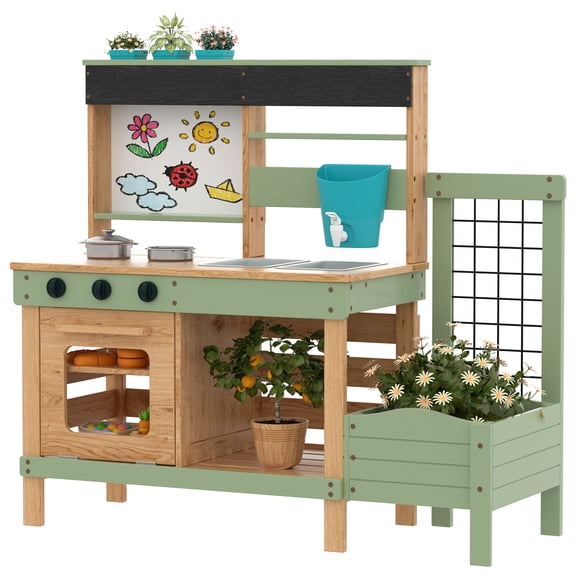 Reasea Outdoor Kids Wooden Mud Kitchen Playset, Plant Growing Box, Removable Sink, Oven Stove & Kitchen Accessories, Backyard Garden Pretend Play Toy