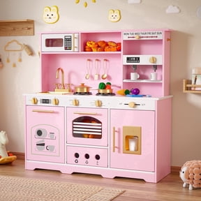 Reasea Play Kitchen Set for Kids, Wooden Kids Kitchen Playset with Realistic Lights & Sounds, Toy Kitchen Set with Smart Storage & Fun Accessories, Gift for Ages 3+, Pink