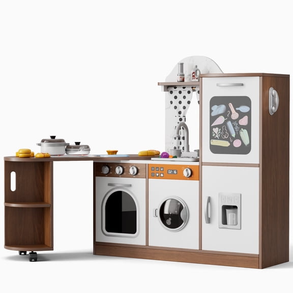 Reasea Play Kitchen, Wooden Kids Kitchen Playset with Realistic Lights and Sounds, Toddler Interative Toy Kitchen, Brown