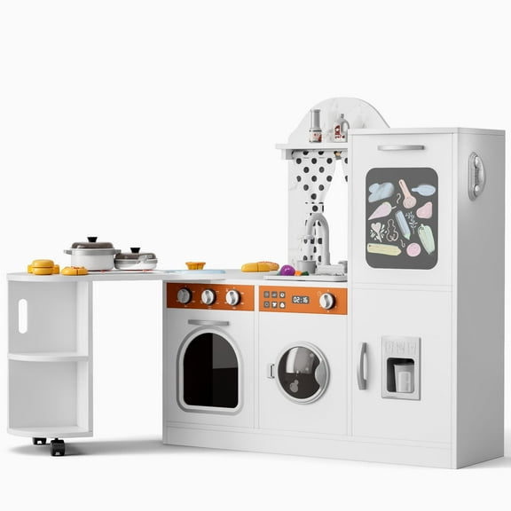 Reasea Play Kitchen, Wooden Kids Kitchen Playset with Realistic Lights and Sounds, Toddler Interative Toy Kitchen, White