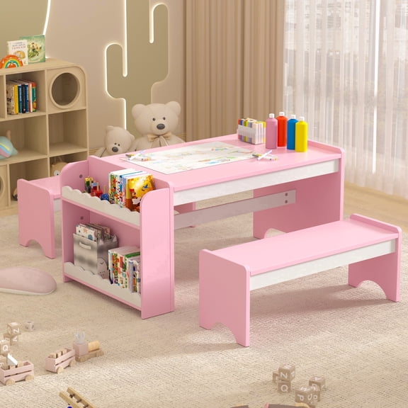 Reasea Wooden Kids Table and Chair Set, Activity Table with Storage, Kids Craft Desk,Pink