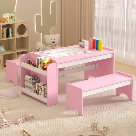 Reasea Wooden Kids Table and Chair Set, Activity Table with Storage, Kids Craft Desk,Pink