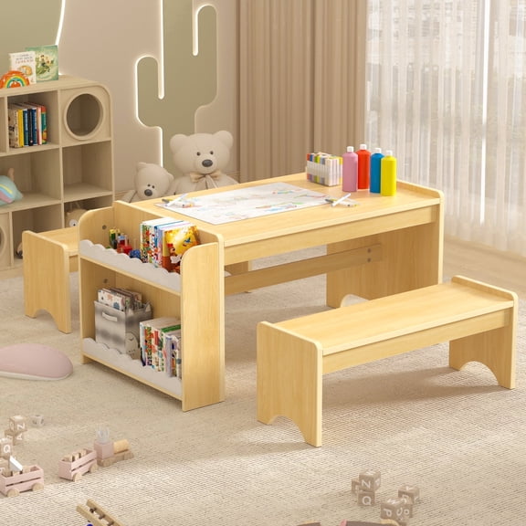 Reasea Wooden Kids Table and Chair Set, Activity Table with Storage, Kids Craft Desk