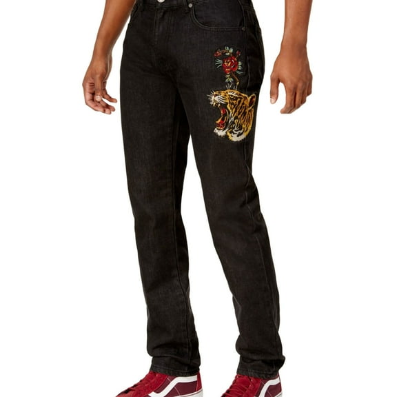 Reason Mens 5 Pocket Skinny Fit Jeans, Black, 34W x 32L