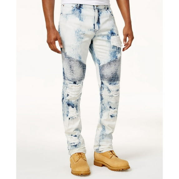 Reason Mens Bleached Ripped Moto Jeans Medium Blue 38x32