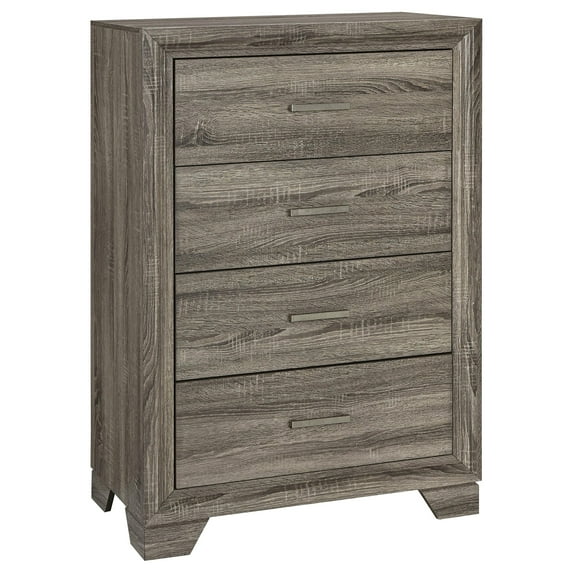 Reay Tall Dresser Chest, Brown Oak, 4 Drawers Silver Metal handles