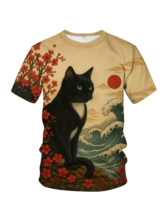 Men's & Women's Artistic Black Cat Graphic T-Shirt, All-Over Print Casual Short Sleeve Tee