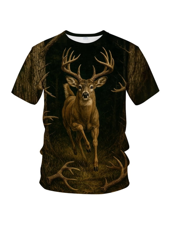 Men's 3D Buck Deer Hunting Season Graphic T-Shirt, Realistic Stag Wildlife Outdoor Casual Tee