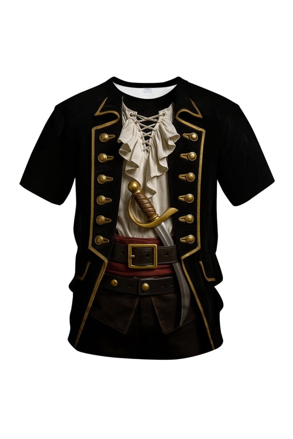 Men's 3D Pirate Captain Costume Graphic T-Shirt, Vintage Renaissance Style Short Sleeve Tee