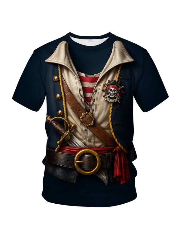Men's 3D Pirate Captain Costume Graphic T-Shirt, Vintage Renaissance Style Short Sleeve Tee
