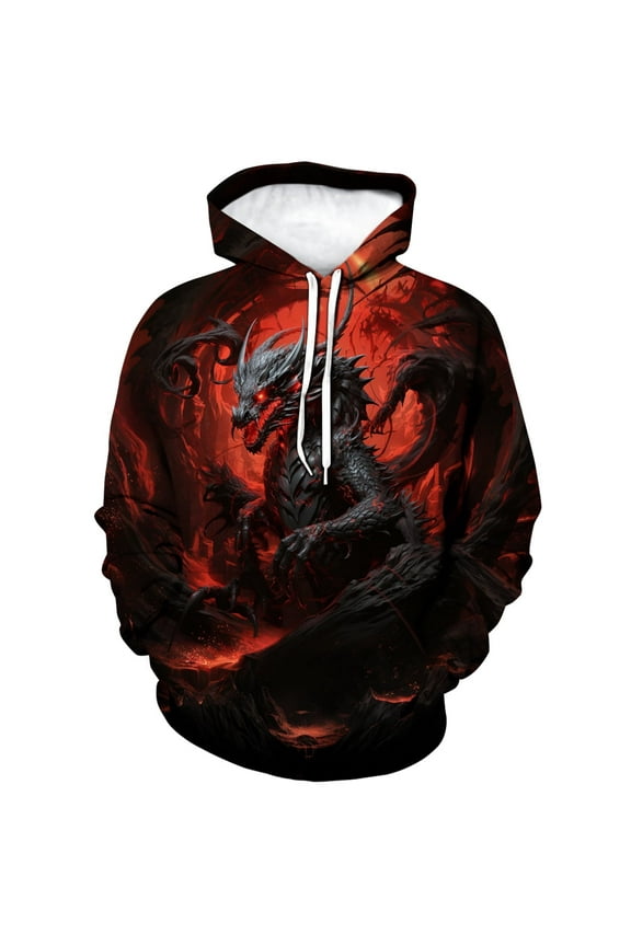 Men's 3D Red Dragon Hoodie Gothic RPG Style Fantasy Fire Dragon Pullover Sweatshirt