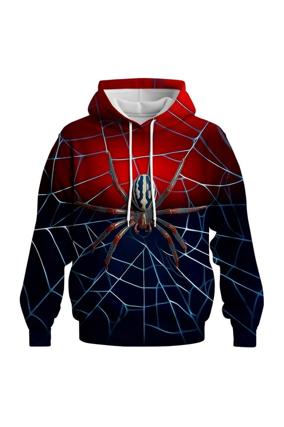 Men's 3D Spider Web Hoodie Realistic Spider Pullover Sweatshirt Halloween Creepy Crawly Costume Top