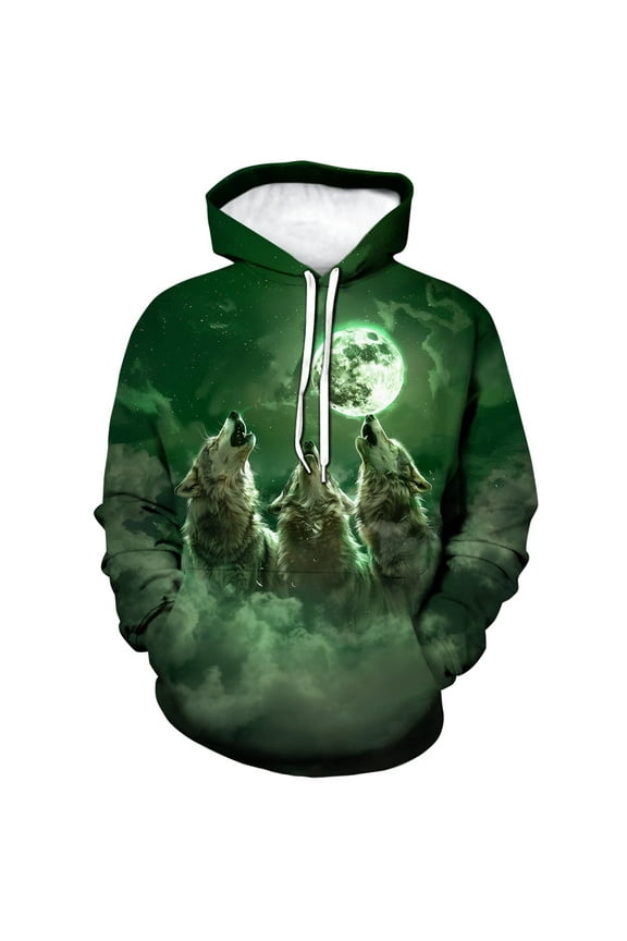 Men's 3D Three Wolves Howling at Moon Hoodie Forest Wolf Cosmic Animal Design Pullover Sweatshirt