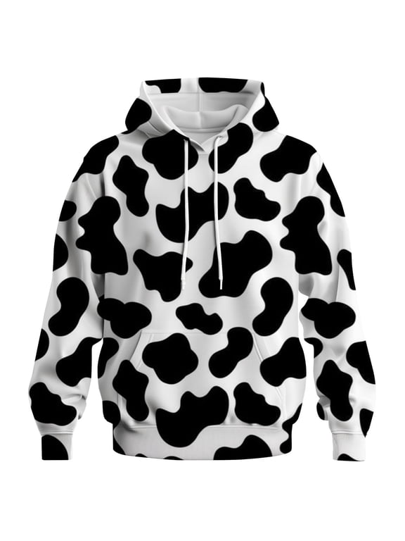 Men's Cow Print Hoodie Funny Black and White Animal Pattern Pullover Sweatshirt