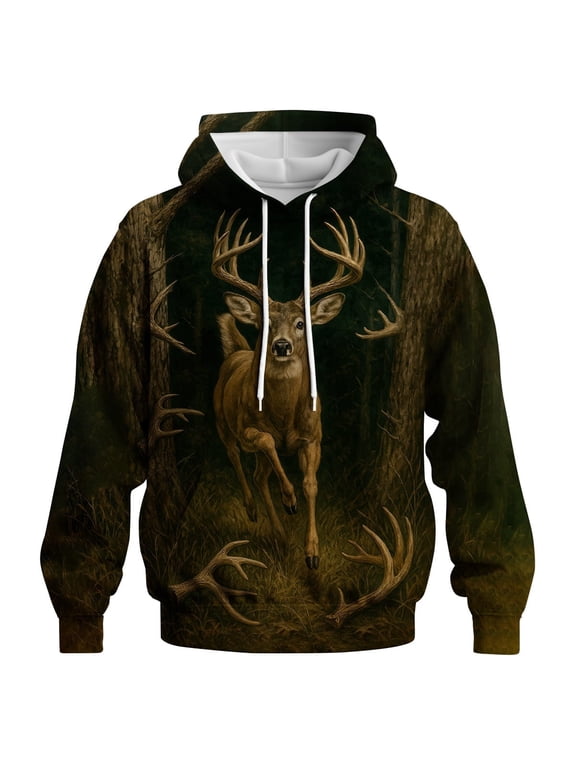Men's Deer Hunting Hoodie 3D Buck Antler Print Forest Camo Pullover Sweatshirt