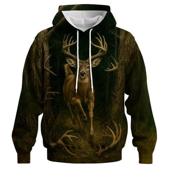 Rebaike Men's Deer Hunting Hoodie 3D Buck Antler Print Forest Camo Pullover Sweatshirt
