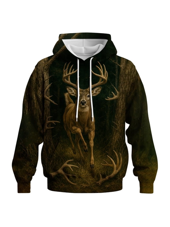 Men's Deer Hunting Hoodie 3D Buck Antler Print Forest Camo Pullover Sweatshirt