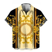 Rebaike Mens Luxury Baroque Print Shirt Gold Pattern Button Down Short Sleeve Shirt Designer-Inspired Party Top