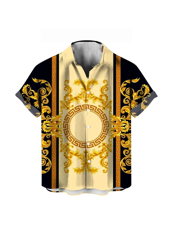 Men's Luxury Baroque Print Shirt Gold Pattern Button Down Short Sleeve Shirt Designer-Inspired Party Top