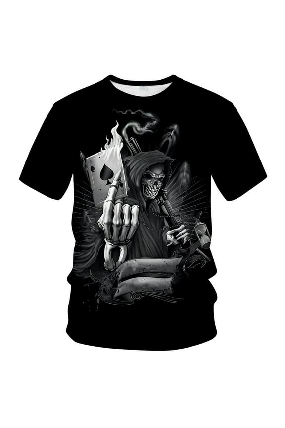 Men's Skull and Poker Graphic T-Shirt All Over Print Skeleton Card Tee Short Sleeve Streetwear