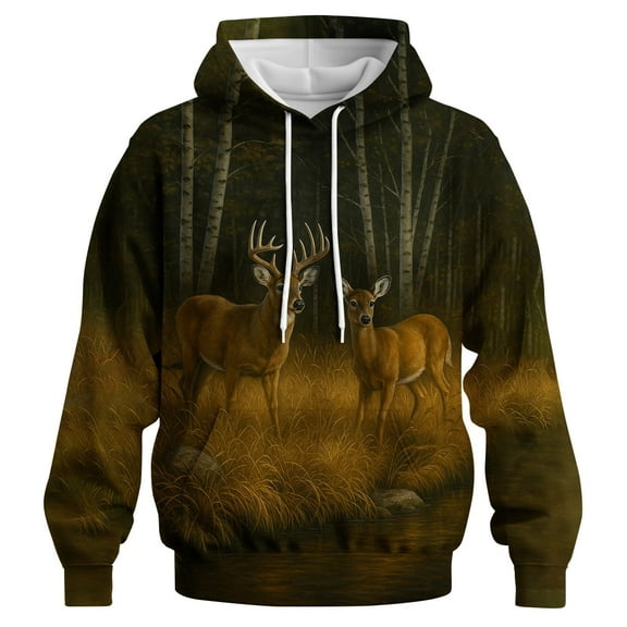 Rebaike Men's & Women's Deer Couple Hoodie 3D Forest Buck and Doe Pullover Sweatshirt